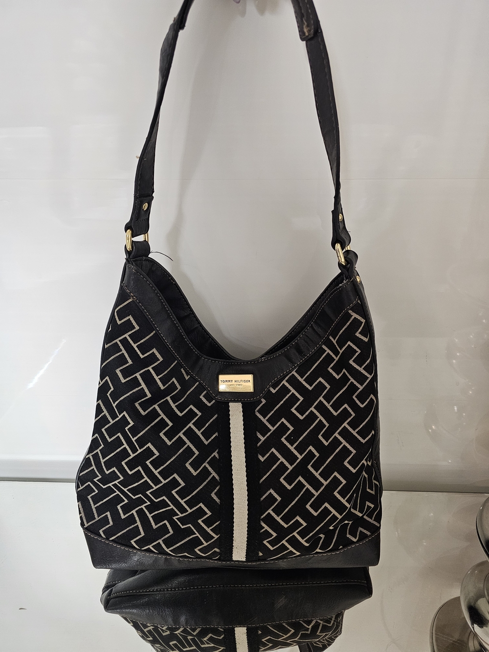 Tommy Hilfiger Black and Cream Monogram Shoulder Bag